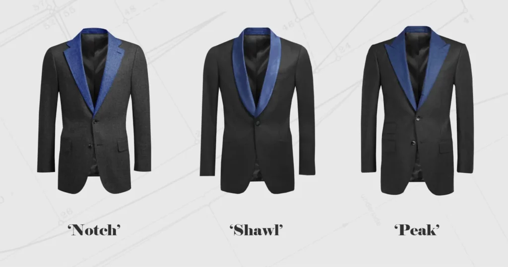 Comparing-Suit-Lapel-Styles-showing-three-lapels-the-notch-vs-peak-vs-shawl