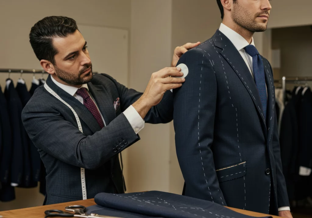 Bespoke Suit Tailor Chalking and Measuring Cloth on Client for a Bespoke Suit
